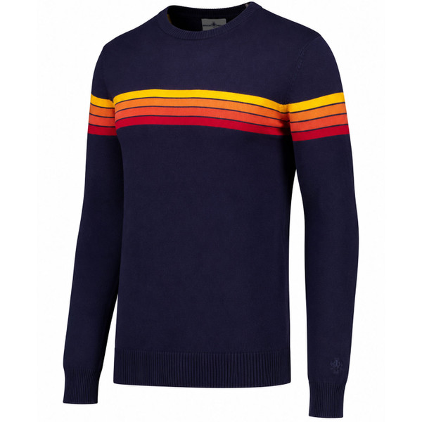 Madcap England Jarvis Retro 90s Gradient Stripe Knitted Jumper in Navy Blazer - Side View