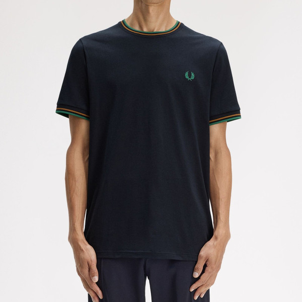 Fred Perry M1588 Twin Tipped T-Shirt in Navy/Dark Caramel/Sport Green - Model Front Full Length