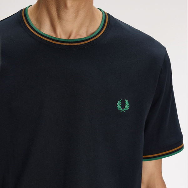 Fred Perry M1588 Twin Tipped T-Shirt in Navy/Dark Caramel/Sport Green - Model Close Up Tipping and Laurel Wreath