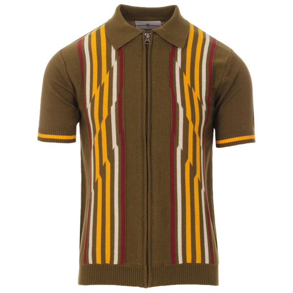 Madcap England Shockwave Retro Mod Abstract Stripe KnitZip Through Polo Top in Beech