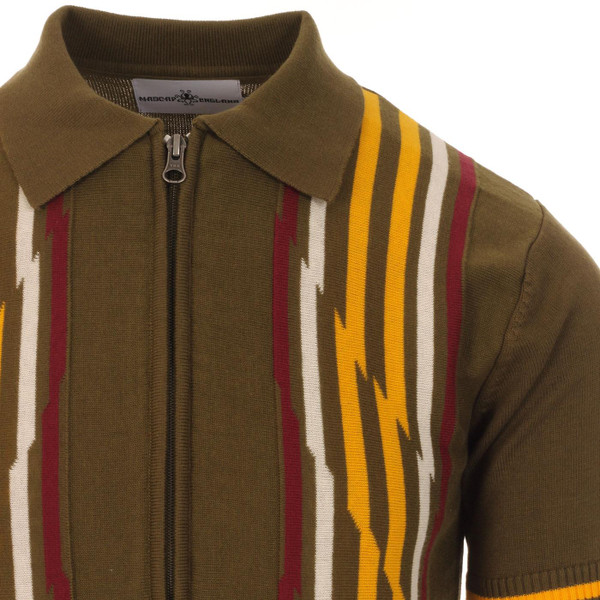 Madcap England Shockwave Retro 60s Mod Abstract Stripe KnitZip Through Polo Top in Beech