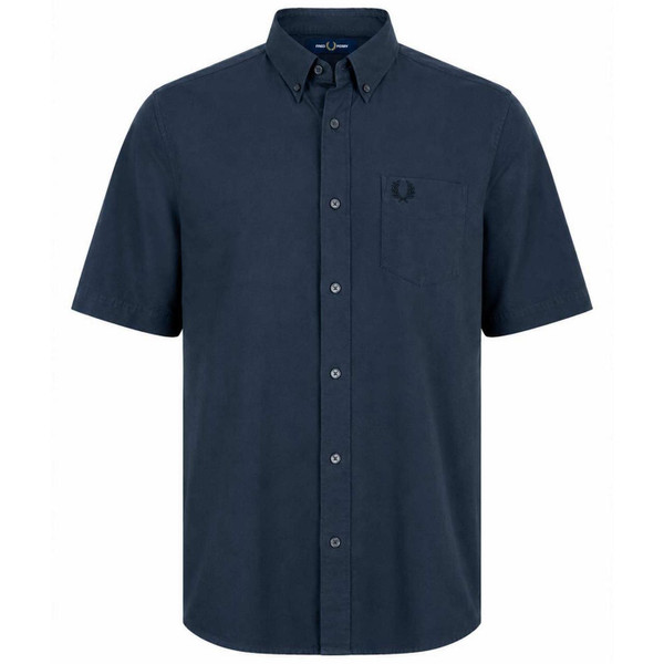 Front of Fred Perry Men's Short Sleeve Button Down Oxford Shirt in Dark Airforce