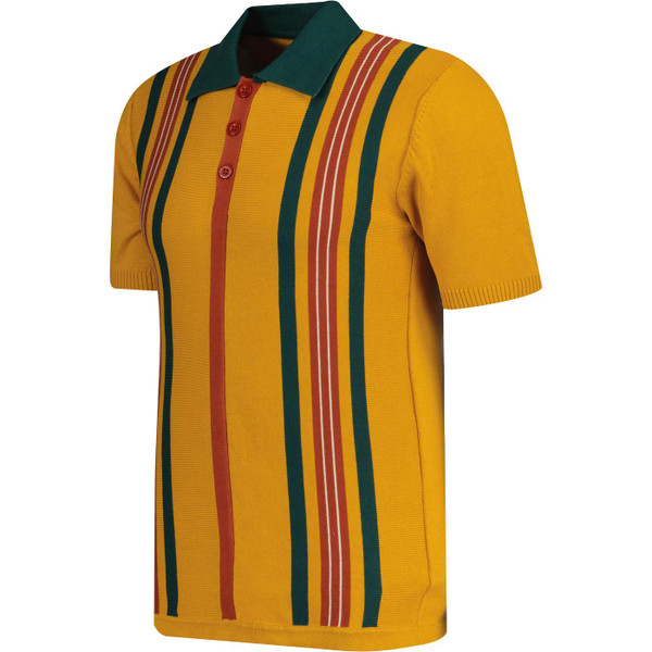 Madcap England Farlowe 1960s Mod Knitted Stripe Polo Shirt in Golden Orange