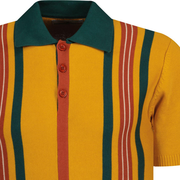 Madcap England Farlowe 1960s Mod Knitted Stripe Polo Shirt in Golden Orange
