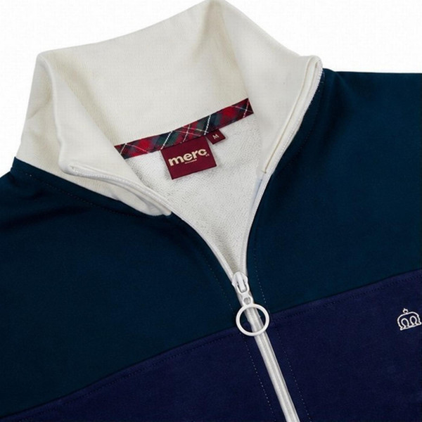 Merc London Cairns Retro 80s Colour Block Funnel Neck Ring Zipper Track Jacket in Vanilla - Collar Close Up