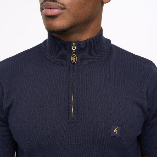 Gabbici Vintage Lasso Retro Mod Knitted Cycling Top in Navy - Funnel Neck Close Up