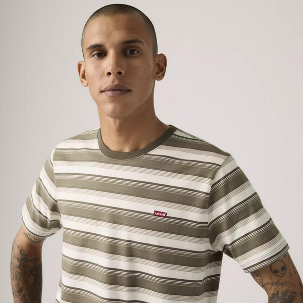 Model Wearing Levi's Men's Original Housemark Tee in Jen Stripe Maitake Brown - Front Facing Close Up