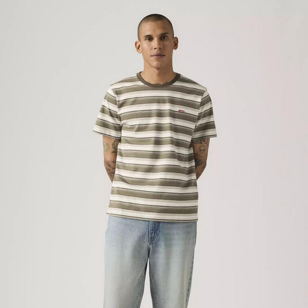 Model Wearing Levi's Men's Original Housemark Tee in Jen Stripe Maitake Brown - Front Facing Full Length