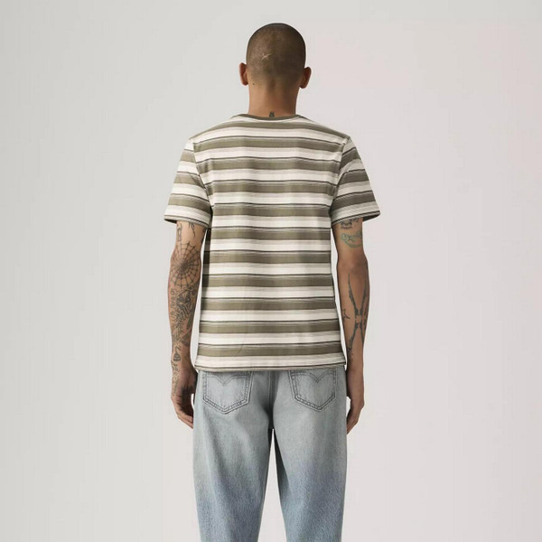 Model Wearing Levi's Men's Original Housemark Tee in Jen Stripe Maitake Brown - Back Full Length