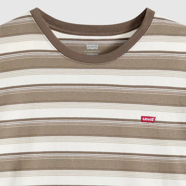 Levi's Men's Original Housemark Tee in Jen Stripe Maitake Brown - Front Flat Collar Close Up