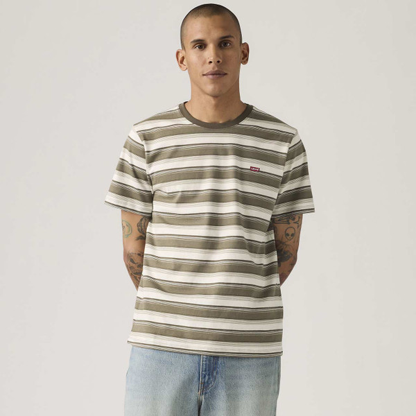 Model Wearing Levi's Men's Original Housemark Tee in Jen Stripe Maitake Brown