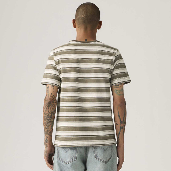 Model Wearing Levi's Men's Original Housemark Tee in Jen Stripe Maitake Brown - Back
