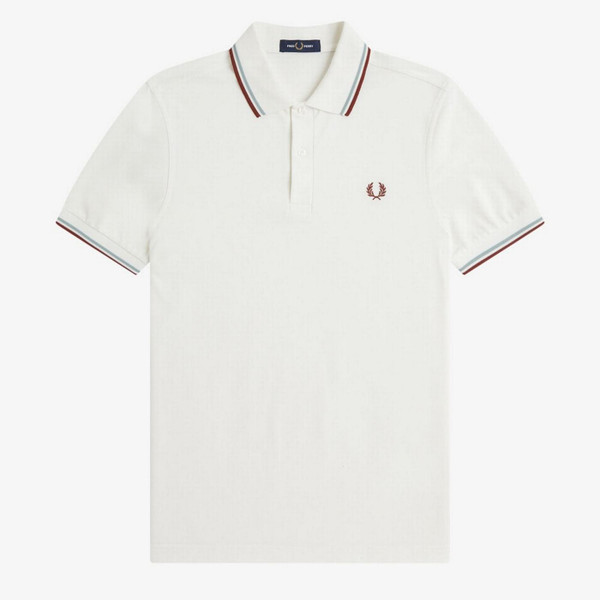 Fred Perry M3600 Mod Twin Tipped Polo Shirt in Snow White/Silver Blue/Brandy - Front Image Flat Main