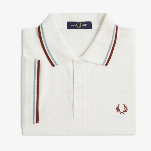 Fred Perry M3600 Mod Twin Tipped Polo Shirt in Snow White/Silver Blue/Brandy - Shirt Folded Image
