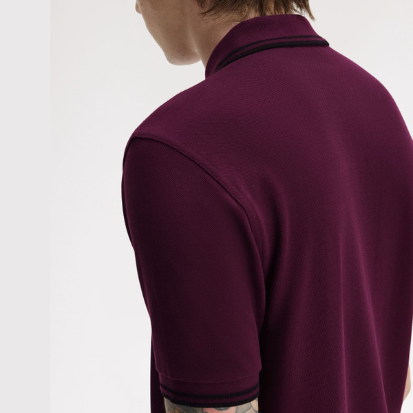 Model Wearing Fred Perry M3600 Mod Twin Tipped Polo Shirt in Black/Black/Black - Back Close Up