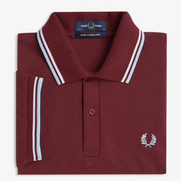 Fred Perry M12 Twin Tipped Polo Shirt in Maroon/White/Ice - Folded 