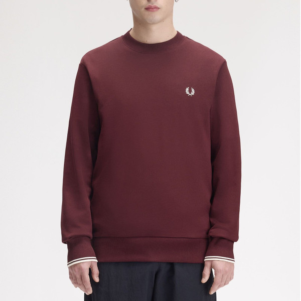 Model Wearing Fred Perry Crew Neck Sweatshirt in Oxblood / Ecru - Front Facing