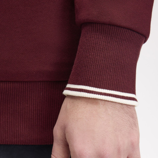Model Wearing Fred Perry Crew Neck Sweatshirt in Oxblood / Ecru - Twin Tipping Close Up