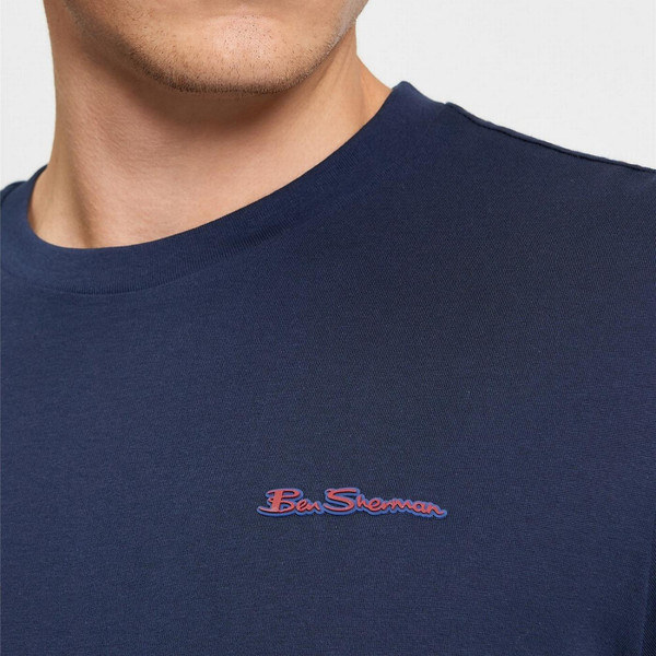 Model Wearing Ben Sherman Signature Logo Crew Tee in Dark Navy - Logo Badge