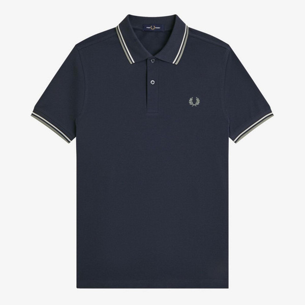 Fred Perry M3600 Twin Tipped Pique Polo Shirt in Dark Airforce/Ecru/Seagrass - Front Flat