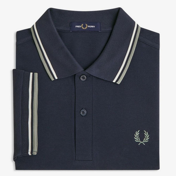 Fred Perry M3600 Twin Tipped Pique Polo Shirt in Dark Airforce/Ecru/Seagrass - Folded 