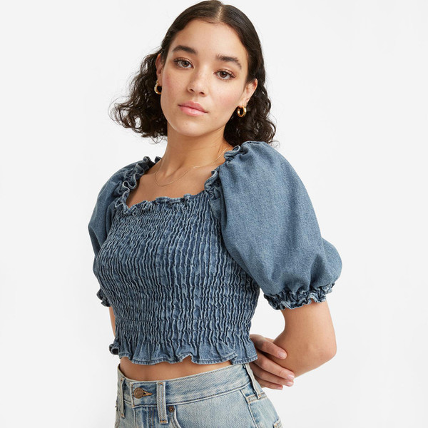 Levi's Rey Retro 70s Smocked Denim Ruffle Blouse in Freaky Friday