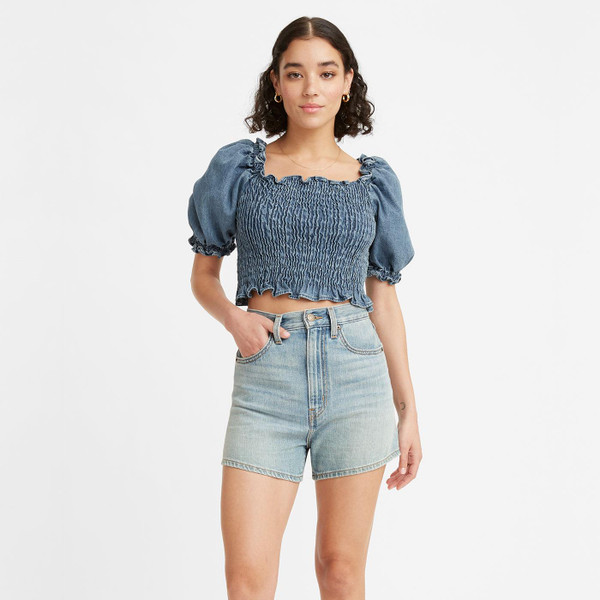 Levi's Rey Retro 1970s Smocked Denim Ruffle Blouse in Freaky Friday