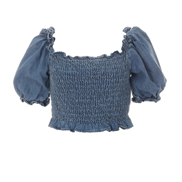 Levi's Rey Retro 1970s Indie Smocked Denim Ruffle Top in Freaky Friday