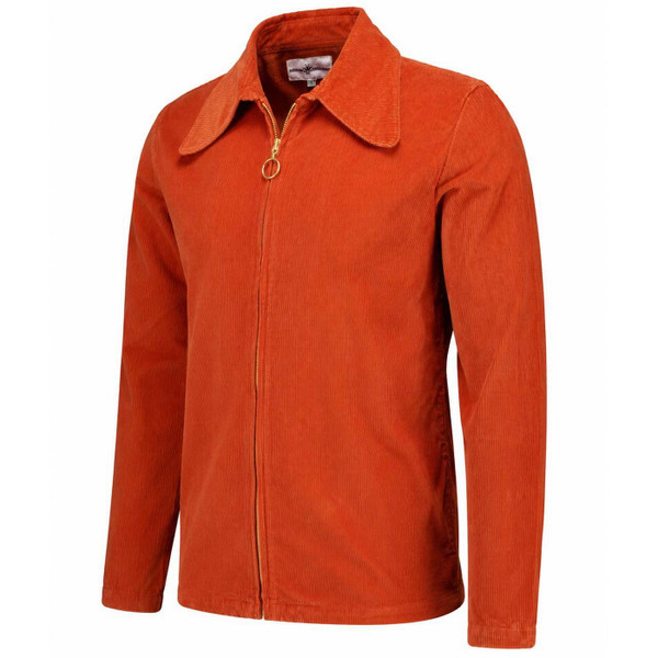 Side profile of the Madcap England Ziggy beagle collar cord shirt in cinnamon stick