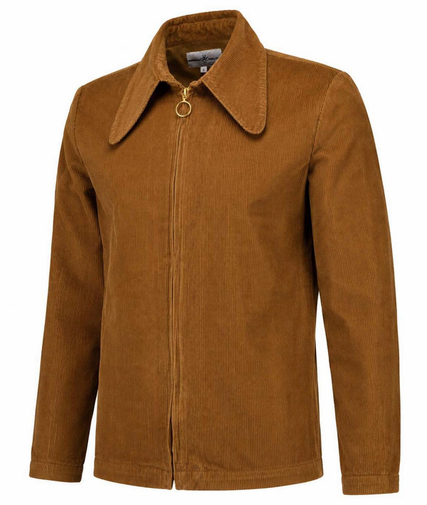 Side profile of the Madcap England Ziggy beagle collar cord shirt in Tan