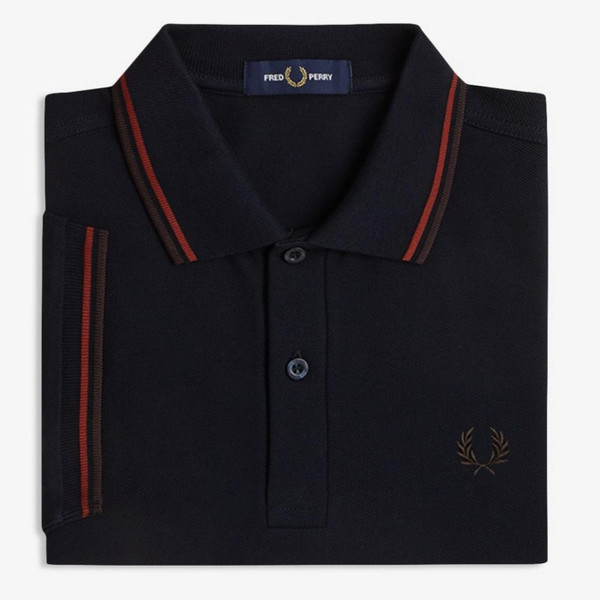 Fred Perry M3600 Mod Twin Tipped Polo Shirt in Navy/Brandy/Rich Brown - Shirt Folded Image