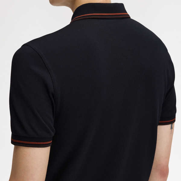 Model Wearing Fred Perry M3600 Mod Twin Tipped Polo Shirt in Navy/Brandy/Rich Brown- Back Close Up
