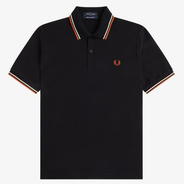 Fred Perry M12 Twin Tipped Polo Shirt in Black, Tramline White and Summer Clay - Front Flat