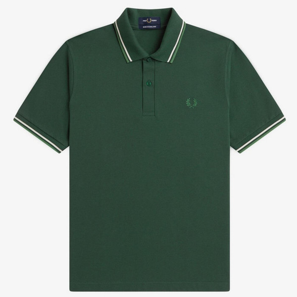 Fred Perry M12 Twin Tipped Polo Shirt in Grassroots, Tramline White and Ace Green - Front Flat