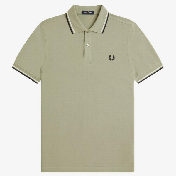 Fred Perry M3600 Mod Twin Tipped Polo Shirt in Seagrass / Ecru / Dark Airforce - Front Flat