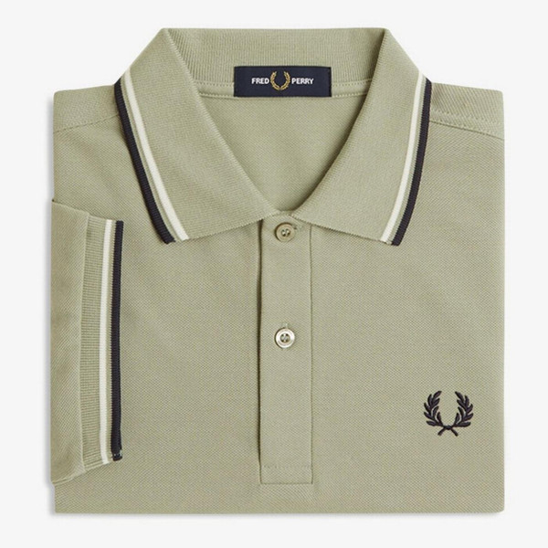 Fred Perry M3600 Mod Twin Tipped Polo Shirt in Seagrass / Ecru / Dark Airforce - Front Folded