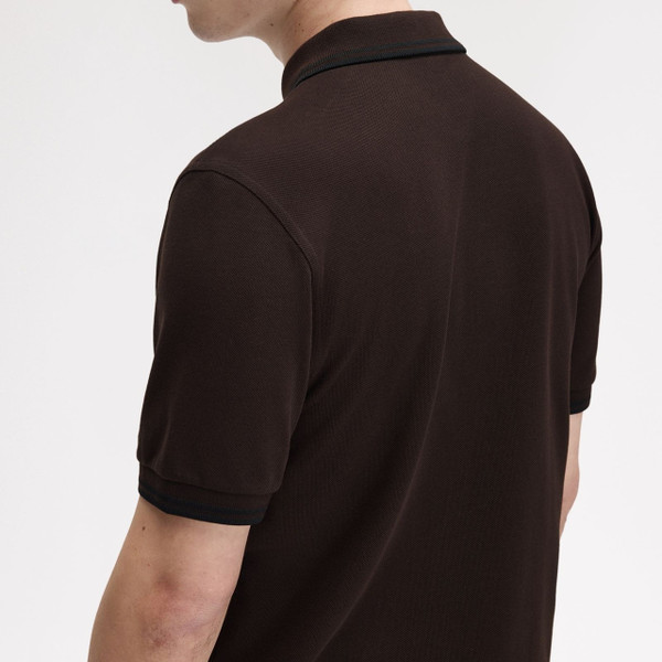 Model Wearing Fred Perry M3600 Mod Twin Tipped Polo Shirt in Rich Brown / Black - Back Close Up