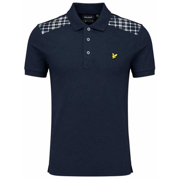 Front of the Lyle And Scott Pique Polo Shirt with Tartan Check Shoulder Yoke in Dark Navy