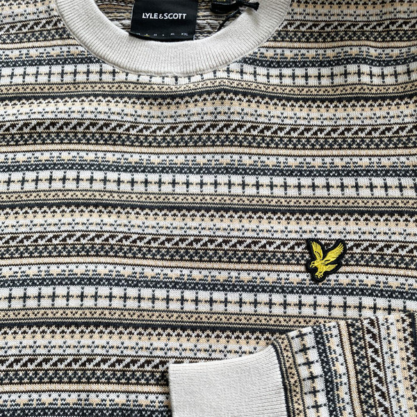 Lyle & Scott Fair Isle Crew Neck Jumper in Cove Collar and Cuff Detail