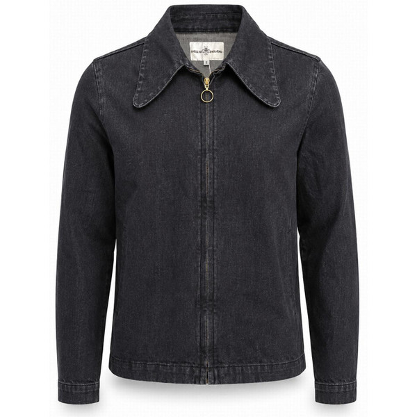 Front of the Madcap England Ziggy Retro Beagle Collar Denim Shirt Jacket in Black Stonewash