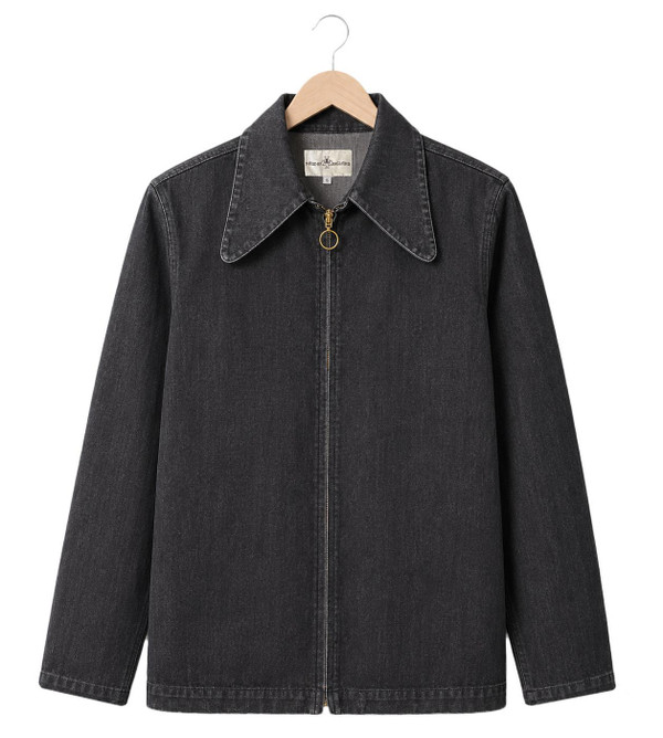 Madcap England Ziggy Retro Beagle Collar Denim Shirt Jacket in Black Stonewash Hanging on Hook