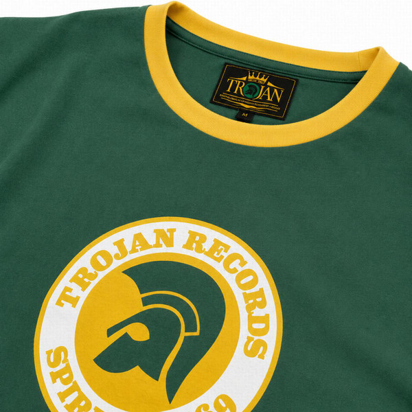 Collar on the Trojan Spirit of 69 Retro Helmet Logo Ringer T-shirt in Green and Yellow