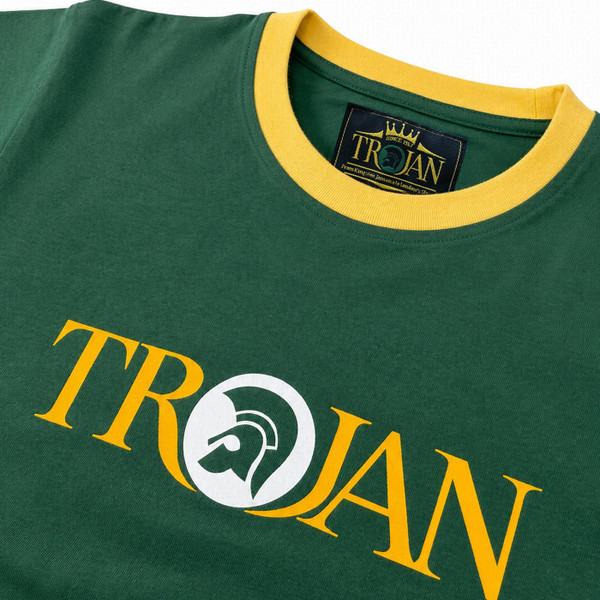 Trojan Men's Retro 70s Signature Ringer T-shirt in Green Collar Detail