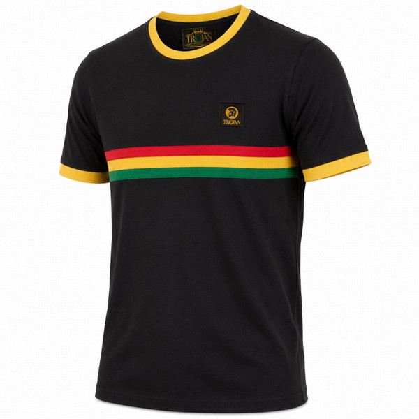 Side View of the Trojan Cut And Sew Chest Stripe 70s Reggae Ringer T-shirt in Black
