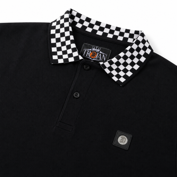 Trojan Checkerboard Trim Ska Mod Pique Polo Shirt in Black Collar and Badge Detail