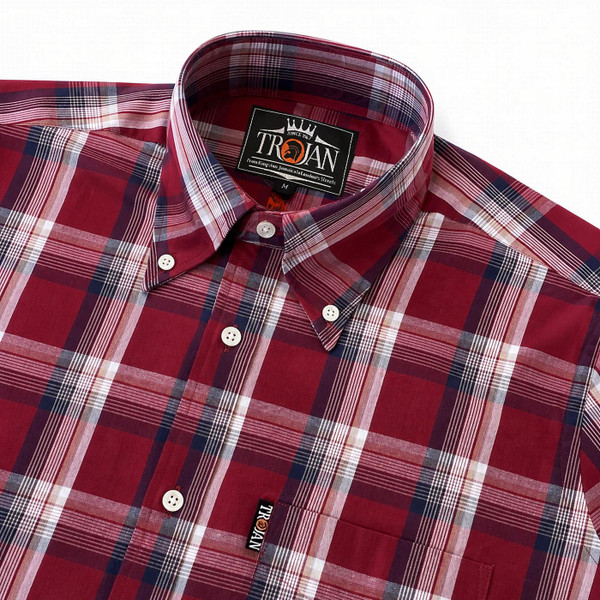 Trojan Classic Check Mod Button Down Short Sleeve Shirt in Port Collar Close Up