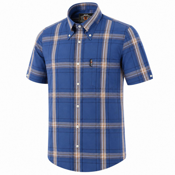 Trojan Men's Mod Check Button Down Short Sleeve Shirt in Cobalt Blue Side View