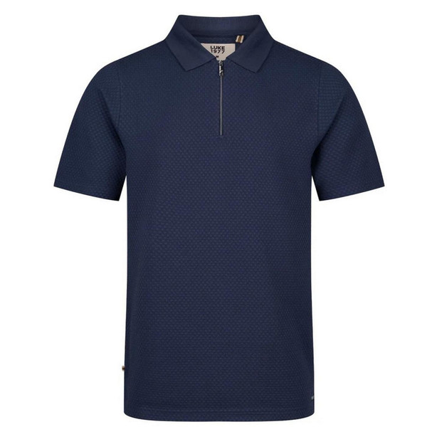 Luke 1977 Gibraltar Ribbed Jacquard Waffle Zip Neck Polo in Dark Navy - Front Main