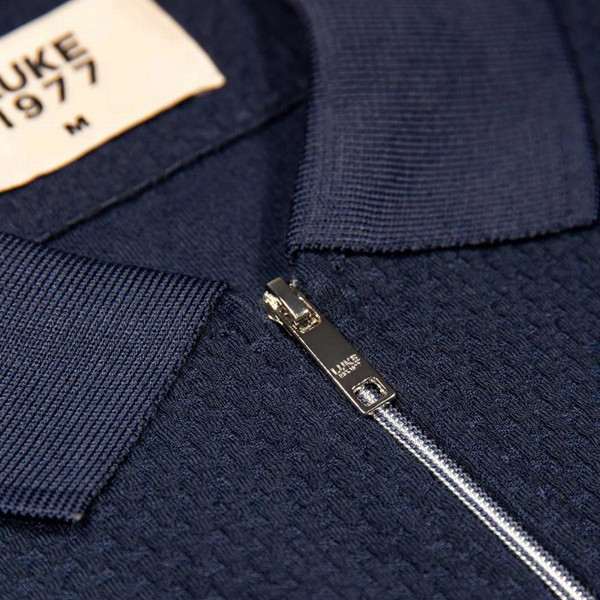 Luke 1977 Gibraltar Ribbed Jacquard Waffle Zip Neck Polo in Dark Navy - Collar Close Up