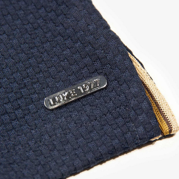 Luke 1977 Gibraltar Ribbed Jacquard Waffle Zip Neck Polo in Dark Navy - Branding Close Up